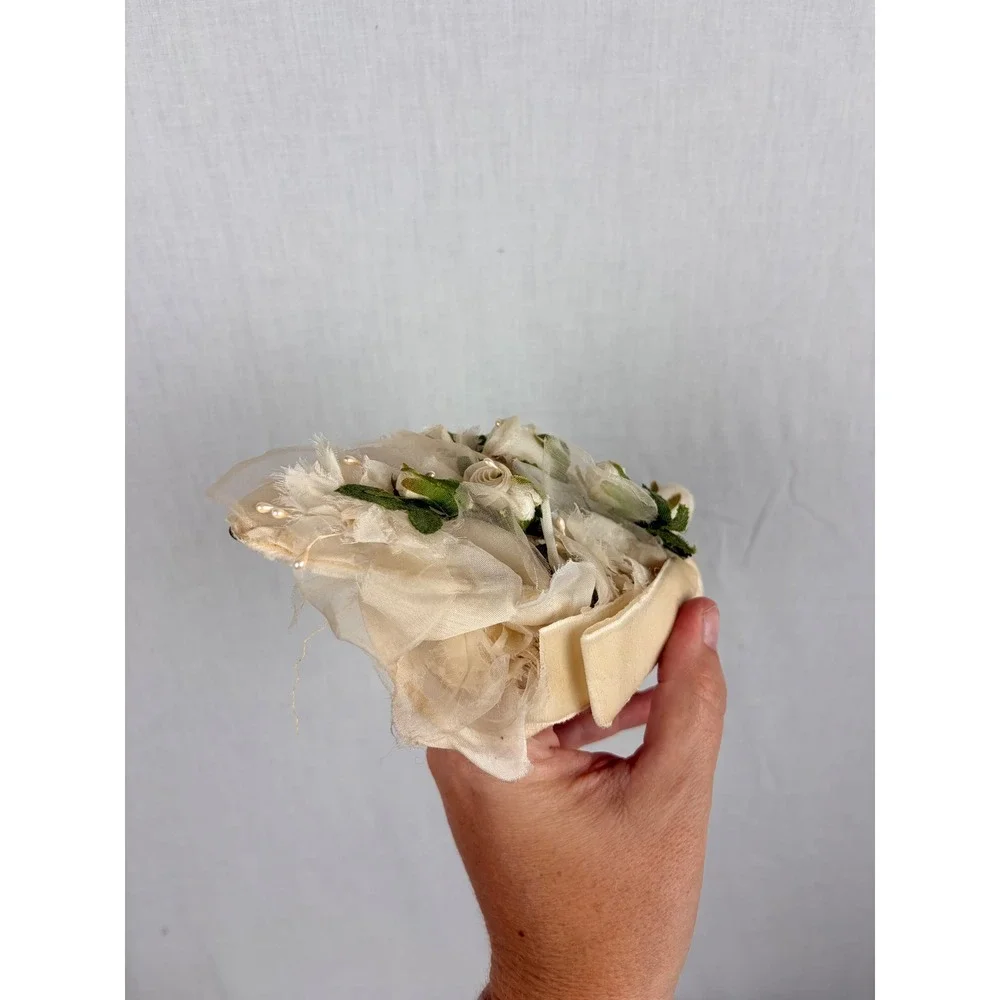 Vintage Cream Floral Tulle Headpiece Faux Pearl Velvet Bridal Fascinator Hat